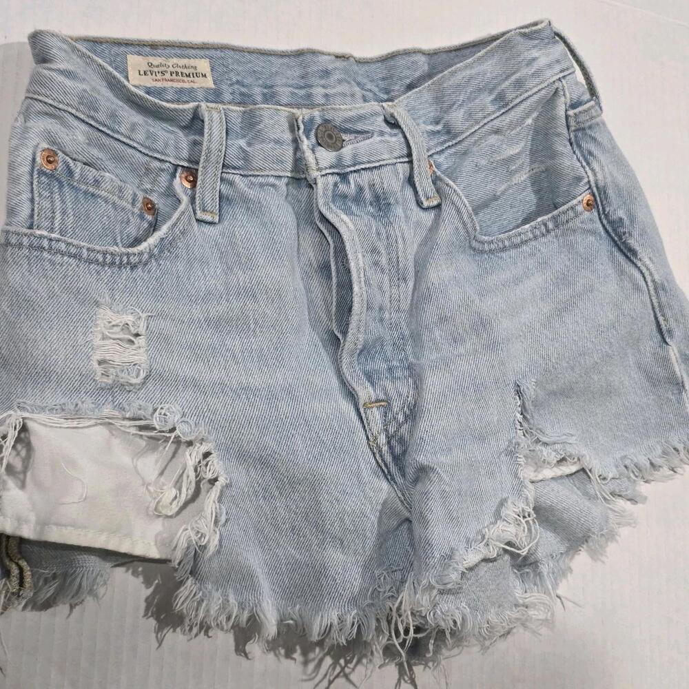 Levi's Premium Shorts Womens W25 Blue 501 Distressed High Rise Cut Off Denim